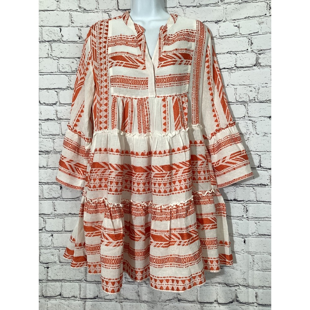 Elan Orange White Embroidered Tiered Mini Dress Boho Bell Sleeve Small